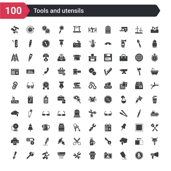 100 个工具和用具图标 如扩音器侧视图 编辑图片 回收箱 交叉扳手 钥匙环 编辑工具 — 图库矢量图片