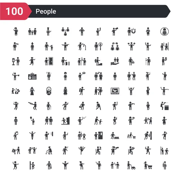 Conjunto Iconos 100 Personas Como Guardia Reinas Persona Cortando Hierba — Archivo Imágenes Vectoriales