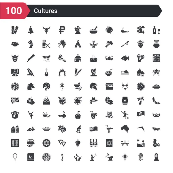 100 Culturas Iconos Conjunto Como Cementerio Linterna China Herrero Orante — Archivo Imágenes Vectoriales