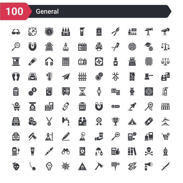100 general icons set such as strong knife, two knots rope, fire hose, fire axe, oxidant, spiderweb, ghost face, chain ball, female skull