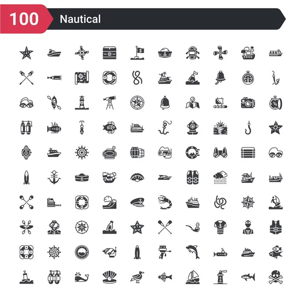 100 Iconos Náuticos Como Cráneo Huesos Faro Velero Pescado Gaviota — Archivo Imágenes Vectoriales