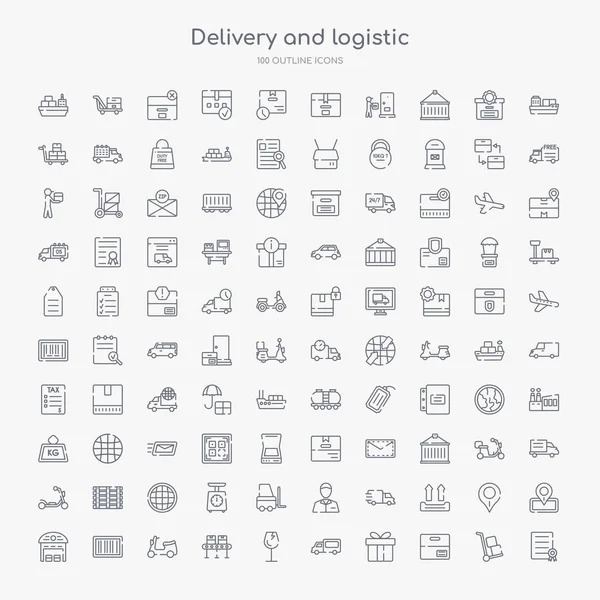 100 Delivery Logistic Outline Icons Set Certificate Package Gift Delivery — Stock Vector