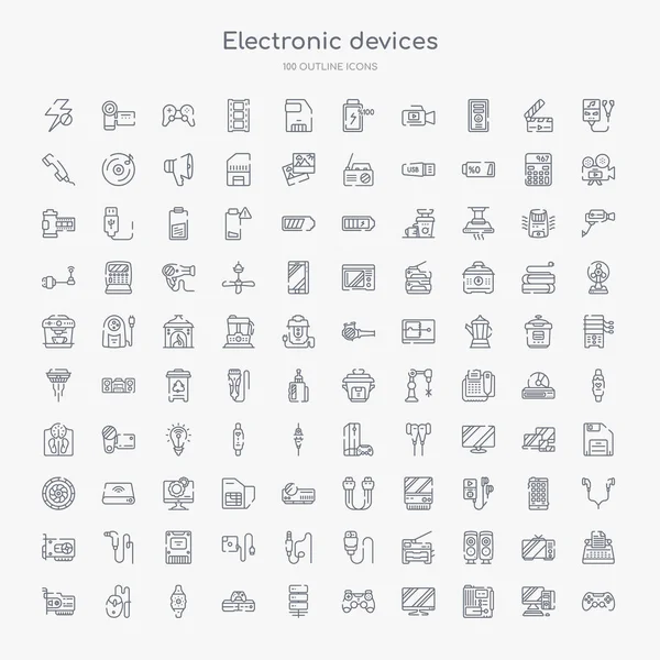 100 Appareils Électroniques Contour Icônes Ensemble Tels Que Contrôleur Jeu — Image vectorielle