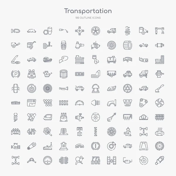 100 Transportation Outline Icons Set Damper Exhaust Pipe Wheel Alignment — Stock Vector