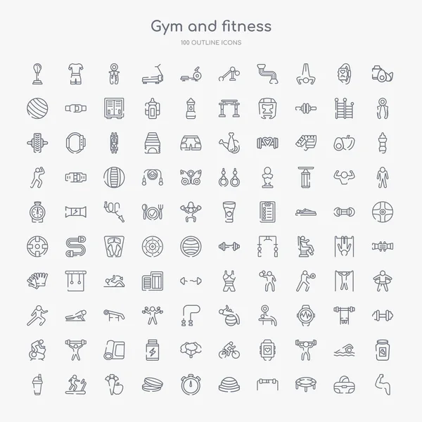 100 gym and fitness outline icons set such as muscles, trampoline, resistance, bosu ball, big stopwatch, pill and tablet, carrot and apple, running treadmill — Stock Illustration 100 Gym Fitness Outline Icons Set Muscles Trampoline Resistance Bosu Stock Vector