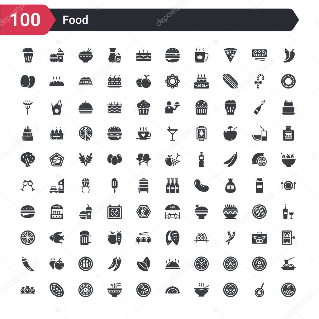100 food icons set such as luosifen, shuizhu, noodle soup, chinese food, guotie, chow mein, fuqi feipian, popiah, wonton
