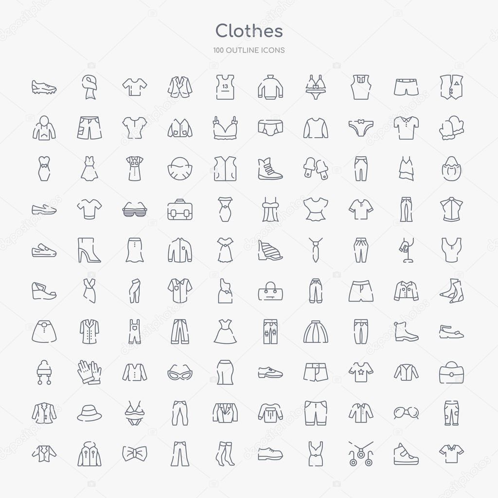 100 clothes outline icons set such as cotton polo shirt, jewelry set, cocktail dress, leather derby shoe, women socks, chinos pants, bow tie, hooded jacket