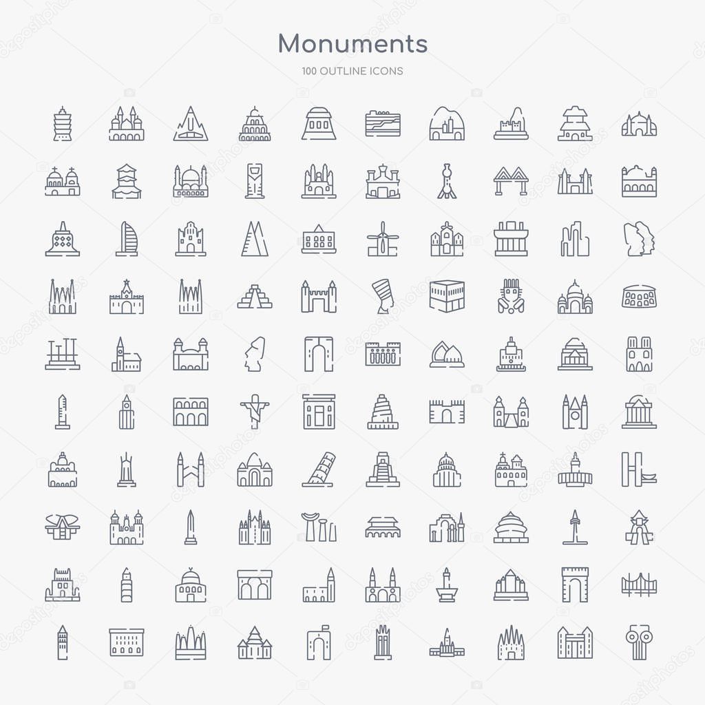 100 monuments outline icons set such as greek column, spain, russia, philippines, denmark, cambodia, church of the holy family, lonja of zaragoza