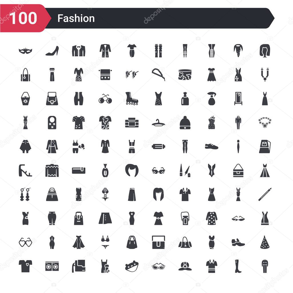 100 fashion icons set such as working coverall, safety shirt, firefighter hat, eyewear, sleeping mask, wellness coach, office briefcase, laundry zone, white t shirt