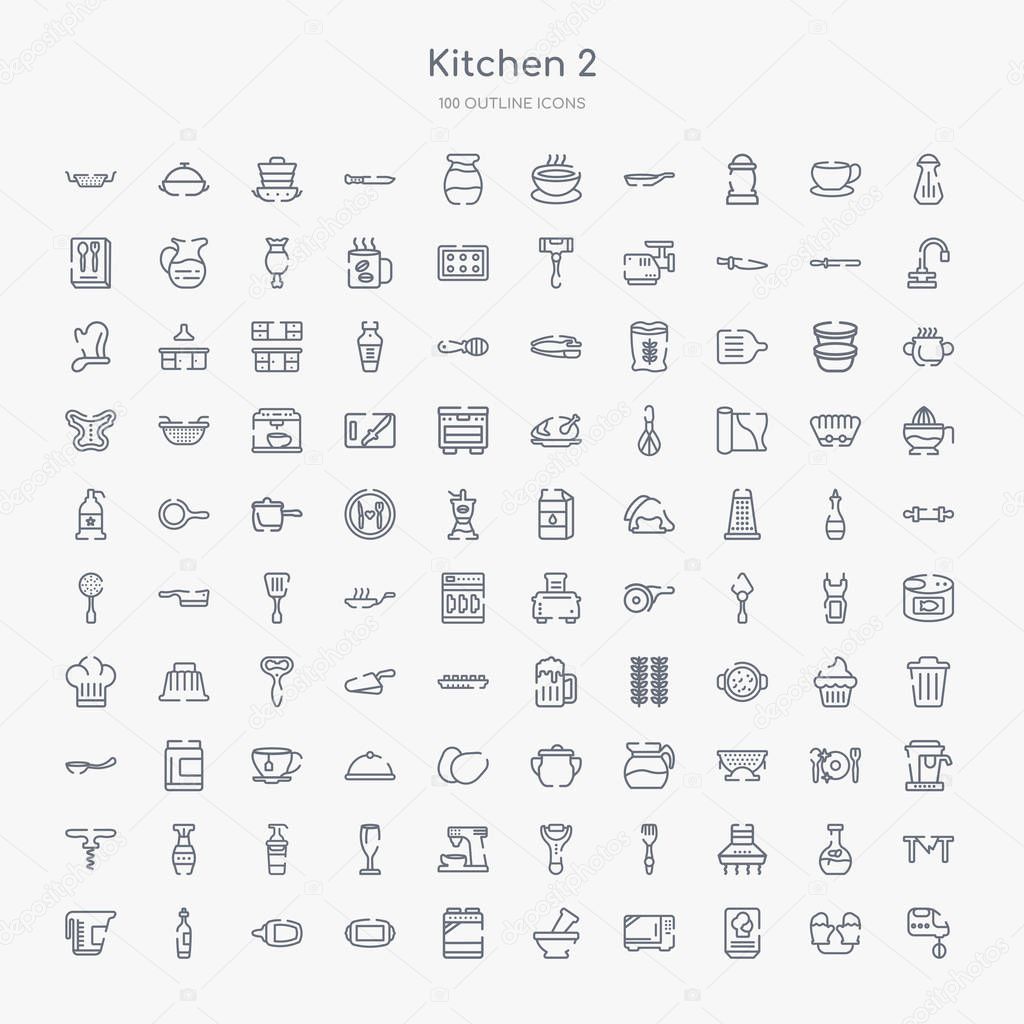 100 kitchen outline icons set such as mixer, recipe, microwave oven, mortar, stove, tray, kitchen board, wine bottle