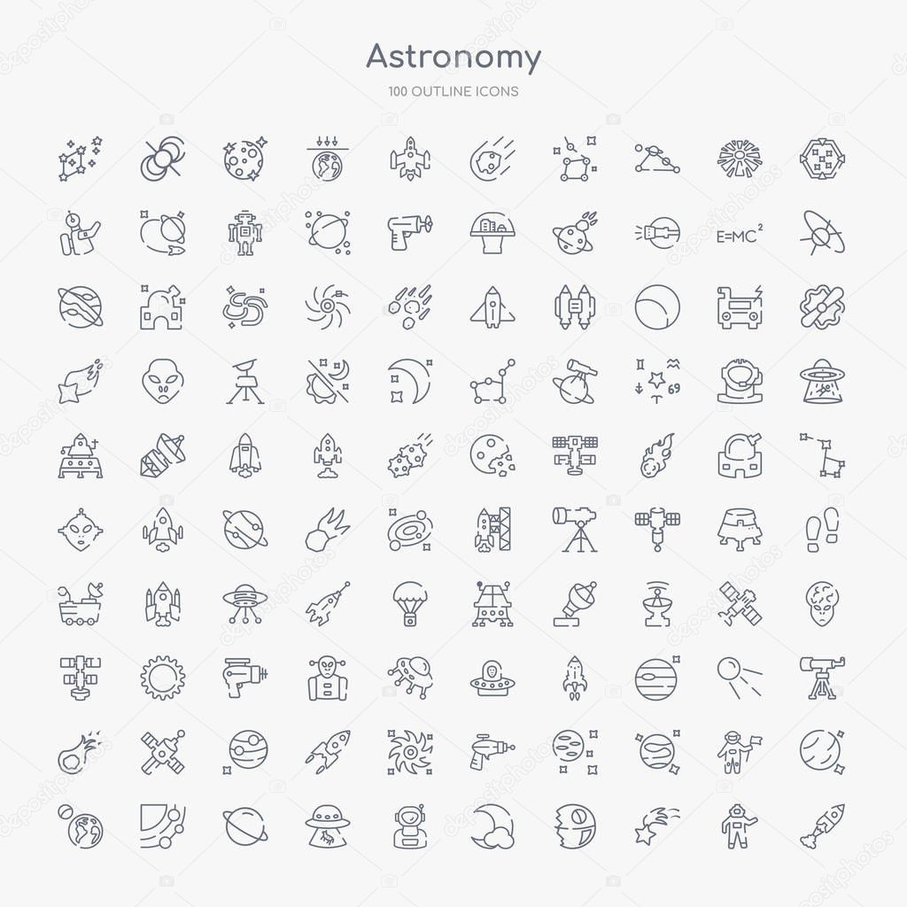 100 astronomy outline icons set such as rocket start, shooting star, death star, big moon, astronaut user, ufo and cow, saturn, galaxy view