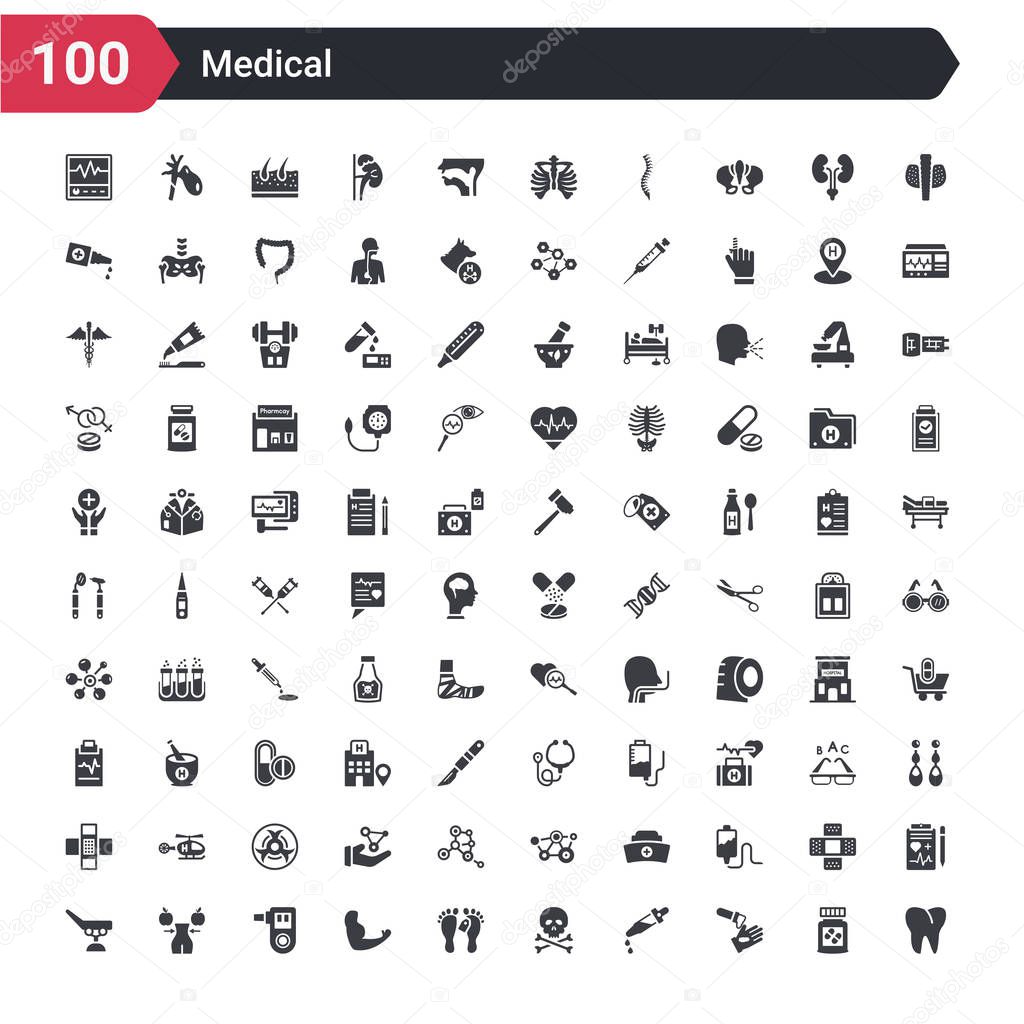 100 medical icons set such as molar tooth, acid falling on hand, eye dropper, skull and bone, dead, strong, breath control, nutrionist, table of treatments