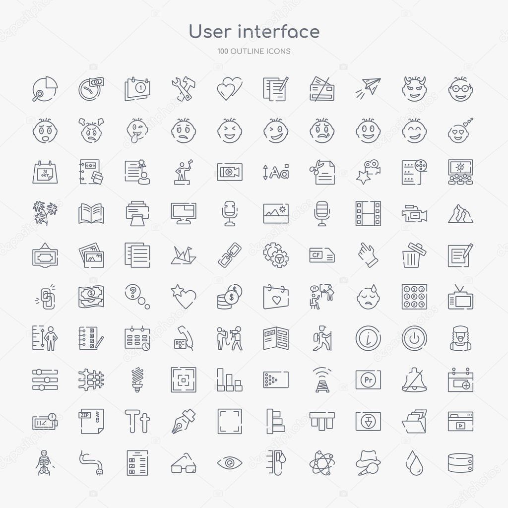 100 user interface outline icons set such as disk storage, detective search, nuclear cells, ink level, visual, perspectives, test quiz, wiring