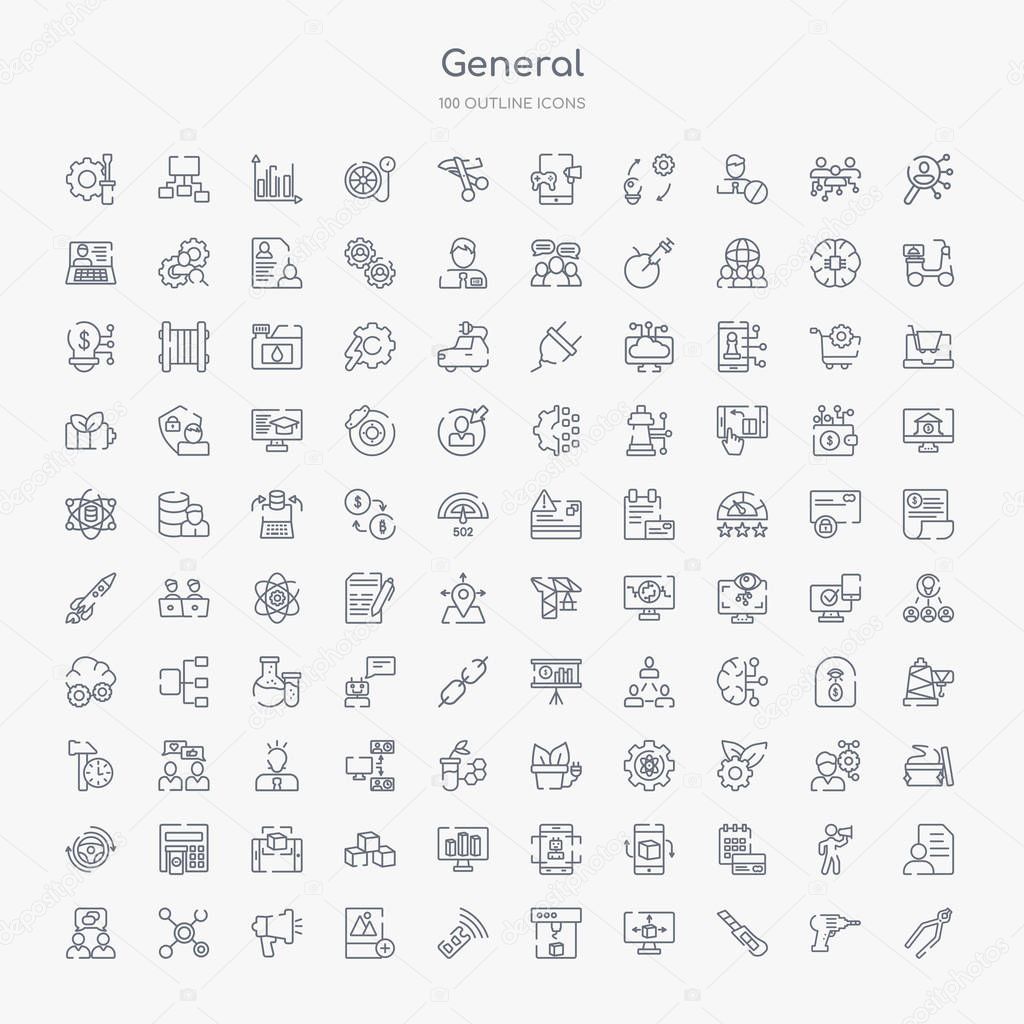 100 general outline icons set such as nail puller, stationery knife, 3d modeling, 3d printing, active sensor, add photos, advertising agency, advertising networks