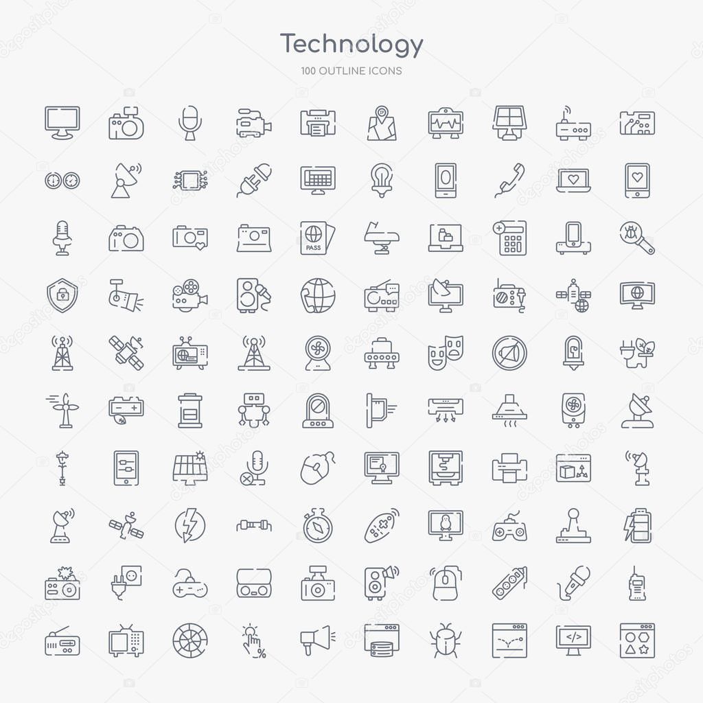 100 technology outline icons set such as attributes, bounce rate, bugs, caching, call to action, click through rate, color value, old tv