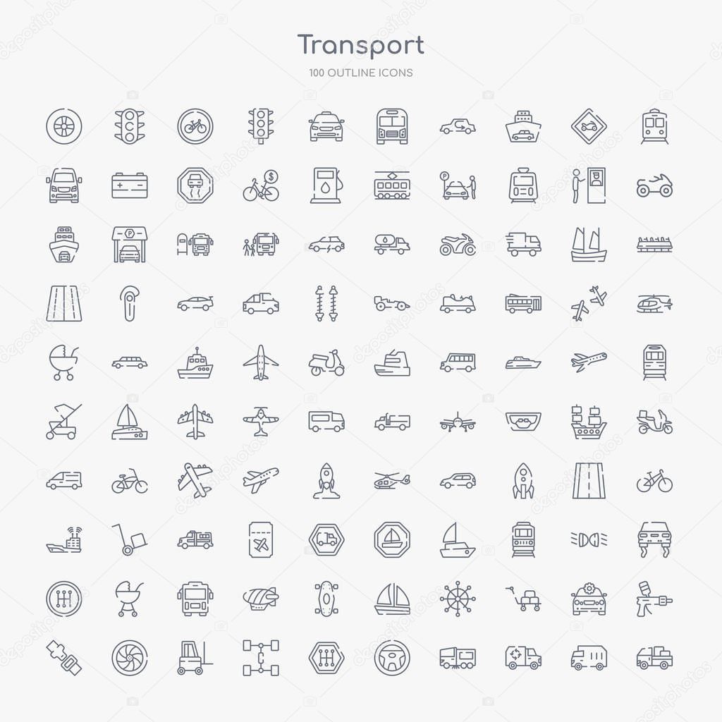 100 transport outline icons set such as loaded truck side view, recycling truck, road sweeper, steering, gearshift, chassis, lifter, alloy wheel