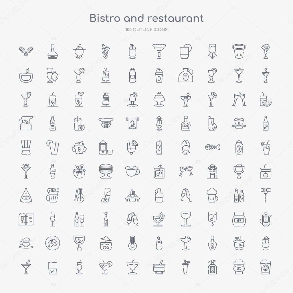 100 bistro and restaurant outline icons set such as cardboard cup, rum, bloody mary, wine, margarita, martini, tequila sunrise, mojito