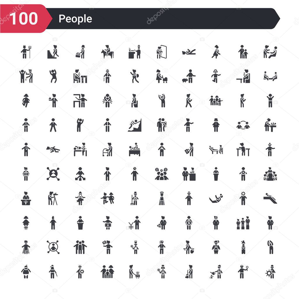 100 people icons set such as layer working, garderner, landkeeper, cook, curier, family board games, constructor, ninja portrait, sumo fighter