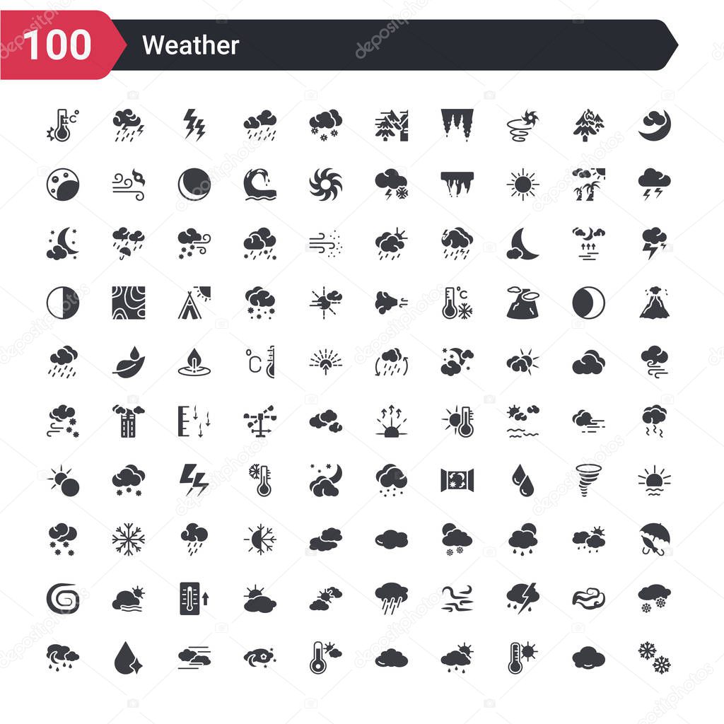 100 weather icons set such as snowflakes, thermometer and sun, sun cloud and rain, round cloud, nice temperature, sky, fogg, drop with shine, night rain