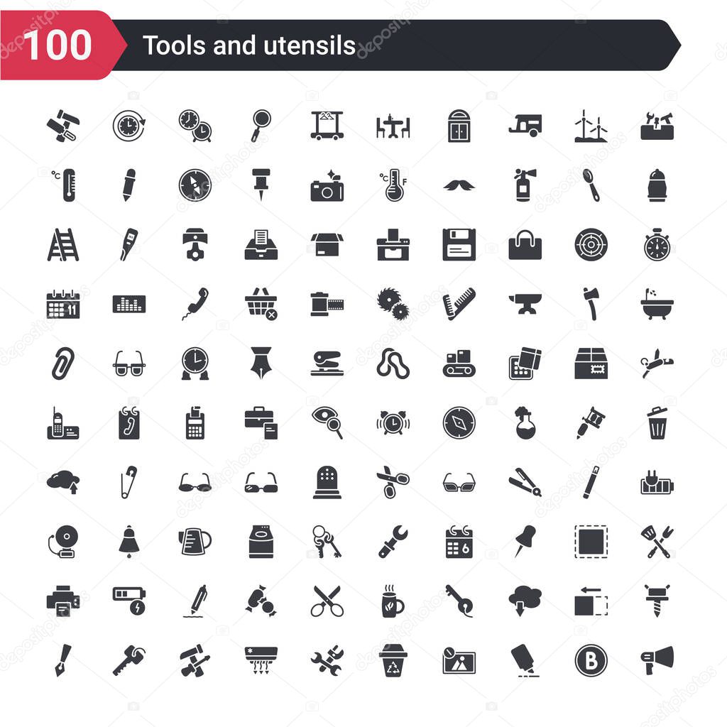 100 tools and utensils icons set such as megaphone side view, highlight, edit picture, recycling bin, cross wrench, air conditioning, reparation, key ring, edit tools