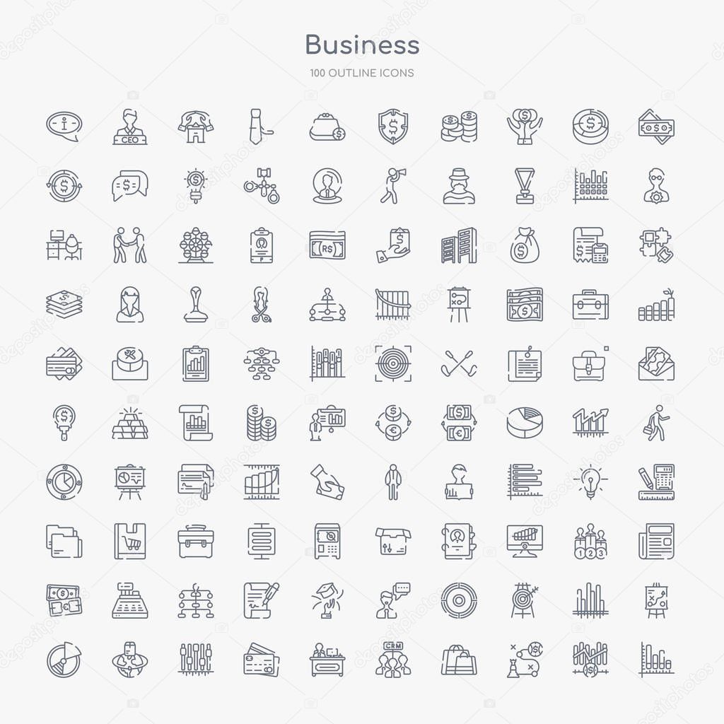 100 business outline icons set such as graphs, strategic, shopping bags, customer relationship management, director desk, bank card, tones, logistic
