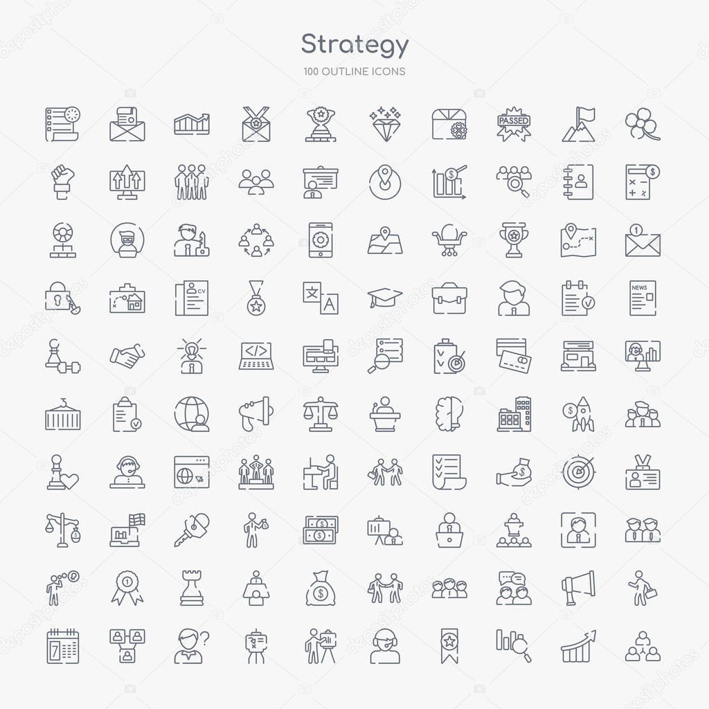 100 strategy outline icons set such as collaboration, analysis, award, customer, presentation, planning, question, connection