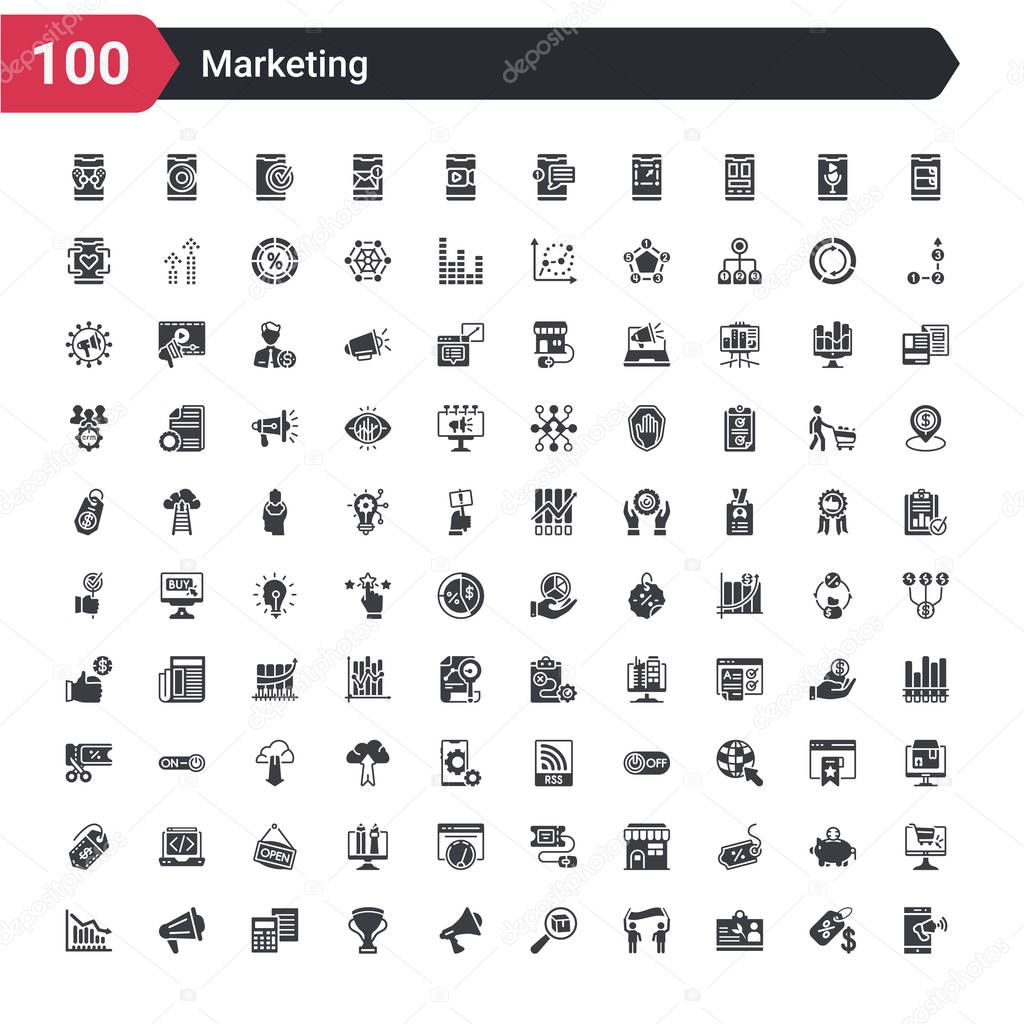 100 marketing icons set such as promoting, volunteer, protester, products, hand speaker, sport competition cup, calculating file, loud speakers, lowering graph