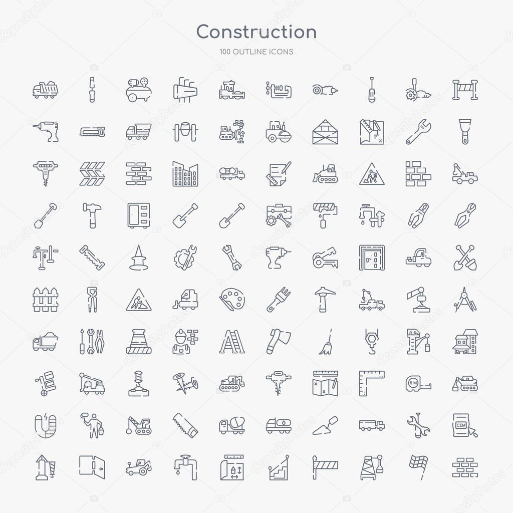 100 construction outline icons set such as constructing a brick wall, derrick with boxes, road barrier, stairs with handle, house plan, stopcock, backhoes, doors open