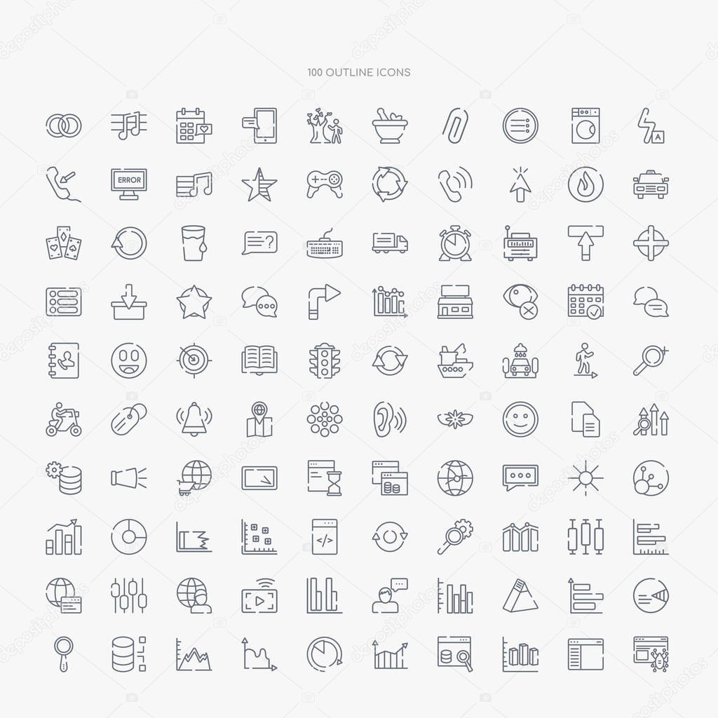 100 ui outline icons set such as web crawler, 3d data analytics dual bars, data search for interface, bars and line ascending of data analytics, analysis pie chart interface, multiple variable