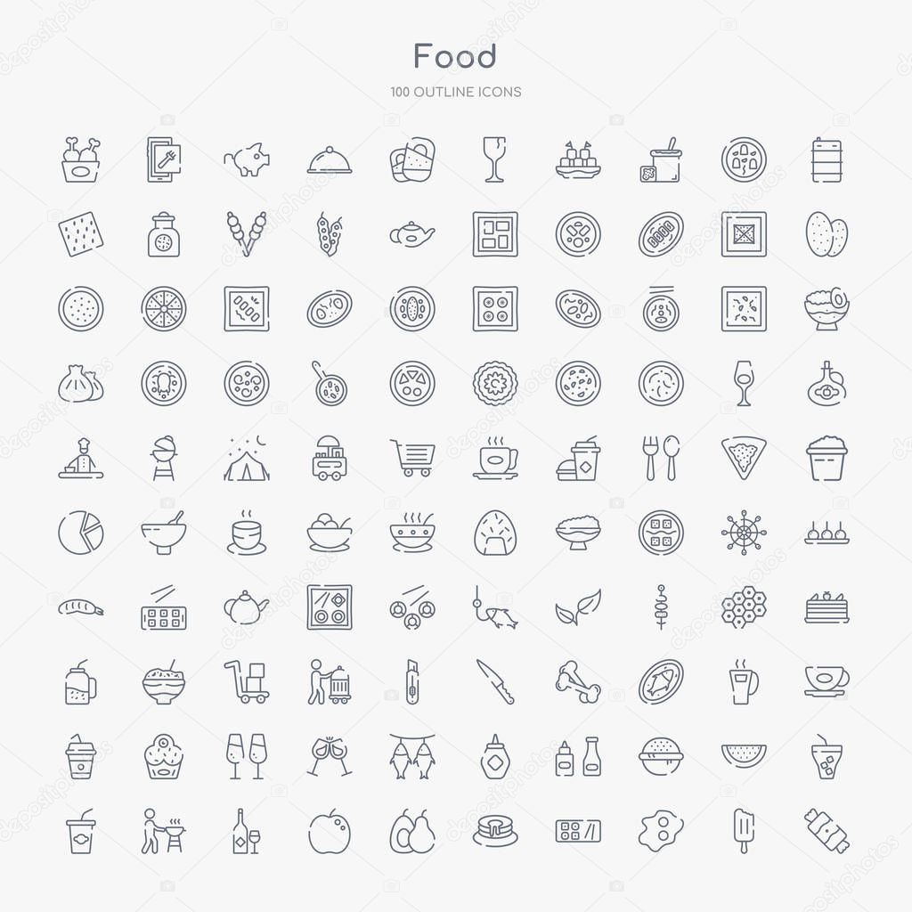 100 food outline icons set such as toffee, fried eggs, sushi roll, pancake, fruits, apple fruit, wine glass and bottle, cooking on the barbecue