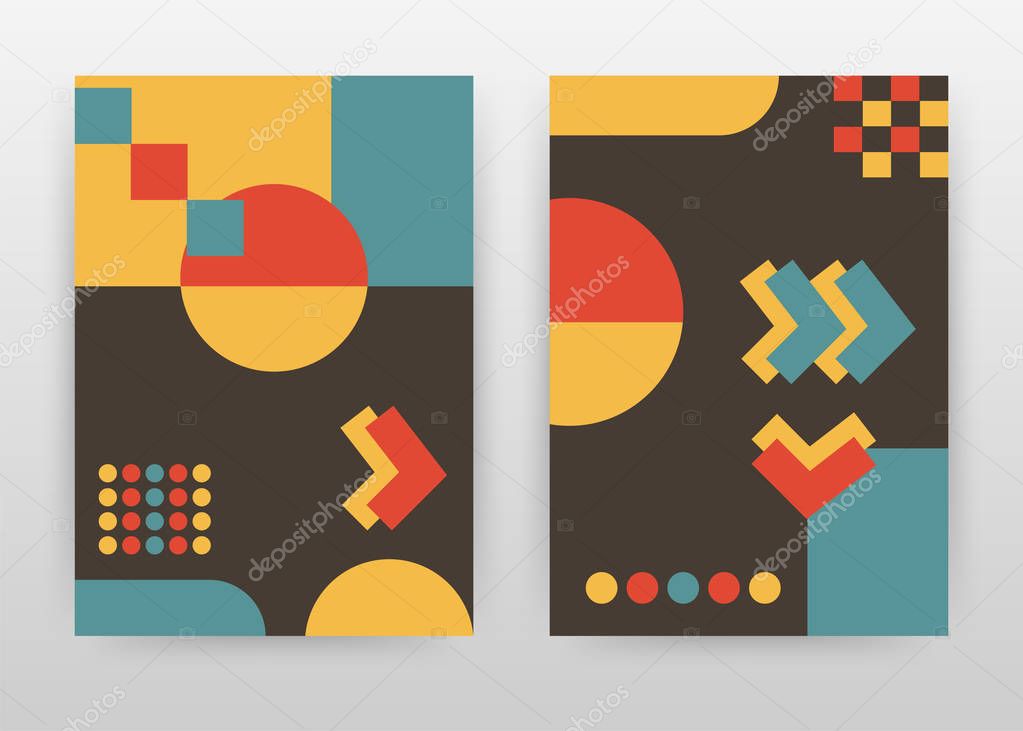 Geometric yellow red brown colored rounds, arrows, dotted dots, 