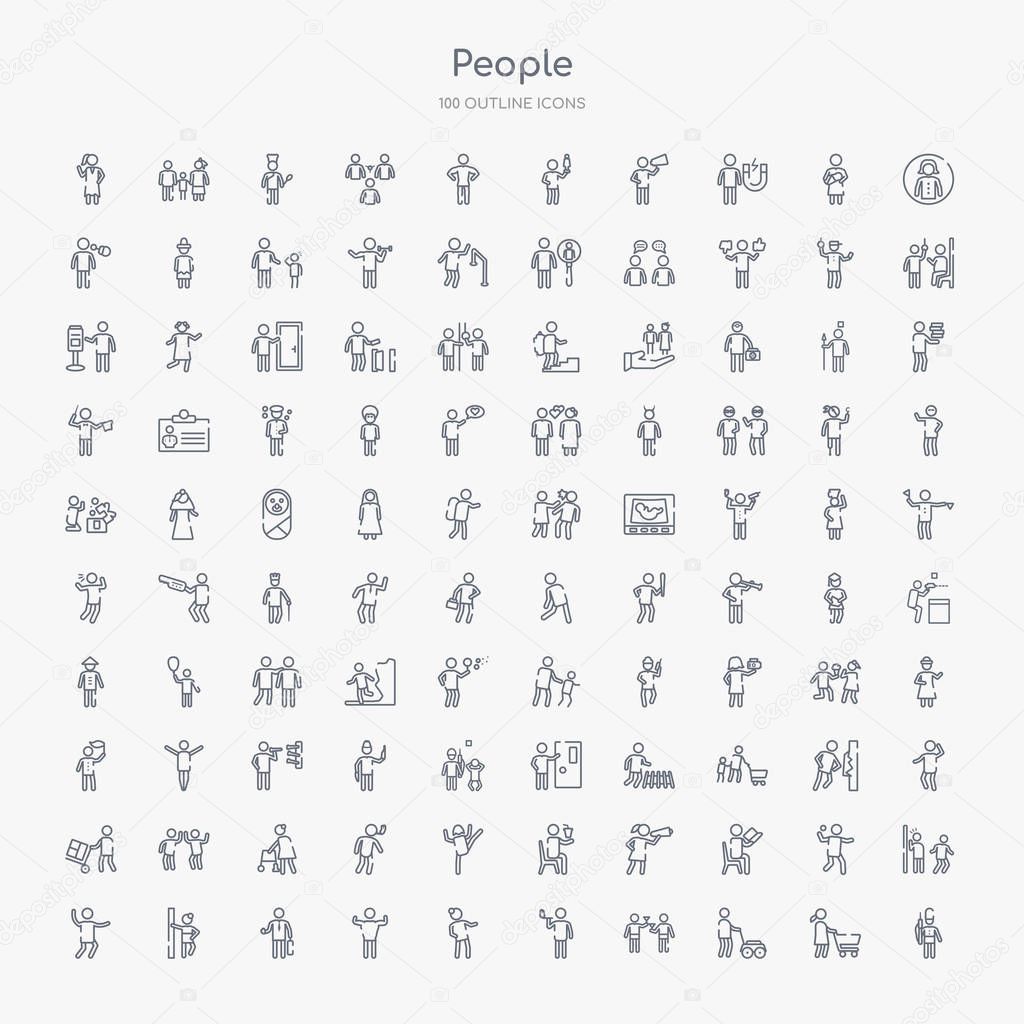 100 people outline icons set such as queens guard, person mowing the grass, two men with cocktail glasses, smoking man, woman covering, muscular man showing his muscles, tumb up business man,