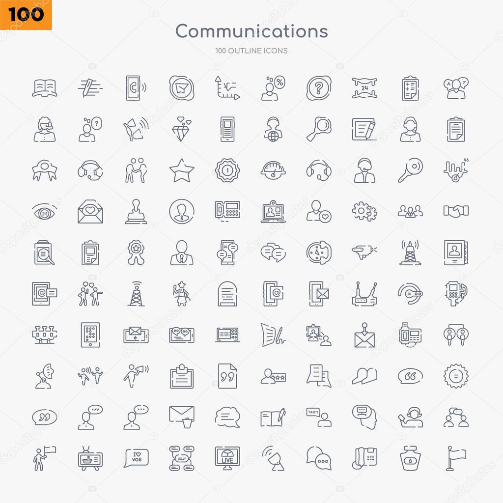 100 communications outline icons set such as flag waving, digital phone, chat message, broadcasting, live news report, constructivism, i love you, news anchor