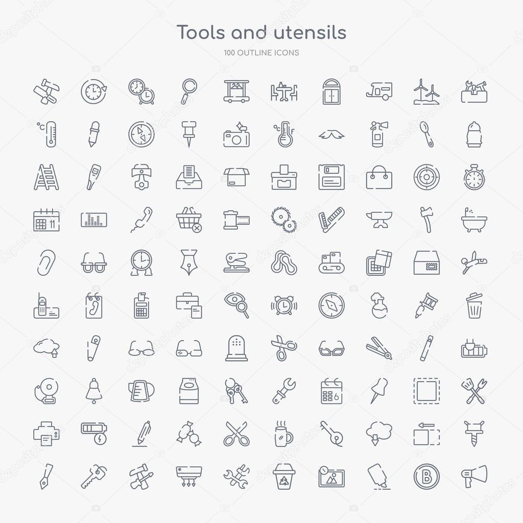 100 tools and utensils outline icons set such as megaphone side view, highlight, edit picture, recycling bin, cross wrench, air conditioning, reparation, key ring