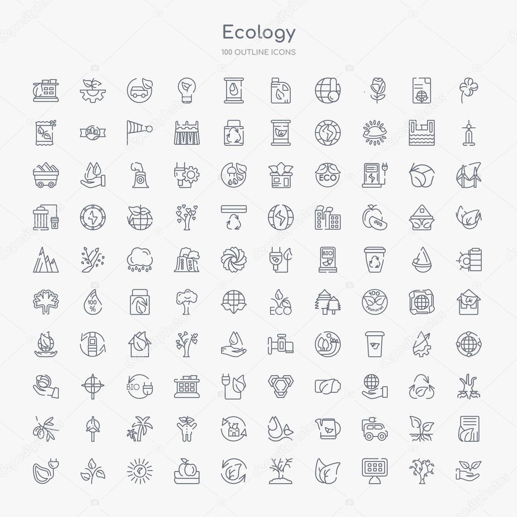 100 ecology outline icons set such as plant on a hand, solar energy, two leaves, plant a tree, reload, apple and books, sunlight, growing plant
