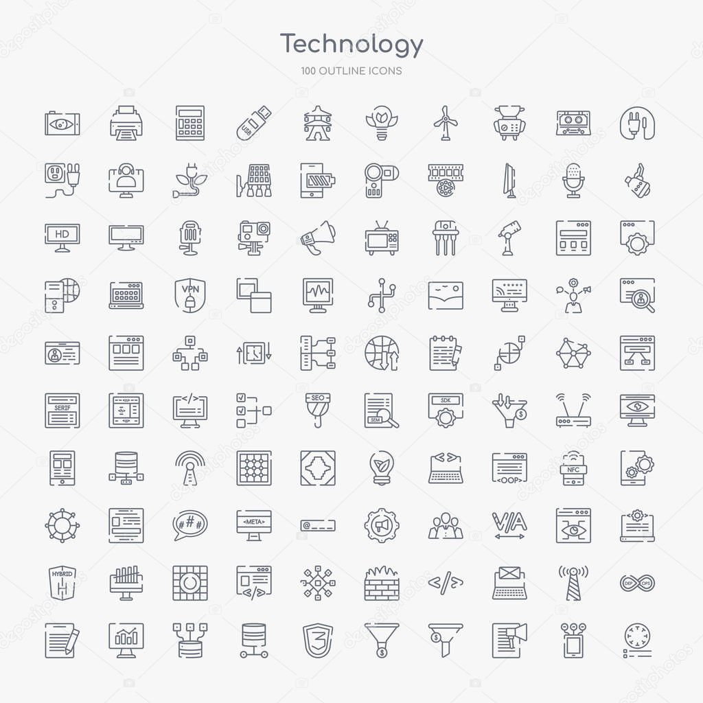 100 technology outline icons set such as colory theory, content marketing, conversion, conversion rate optimization, css3, data architecture, data modelling, data visualization