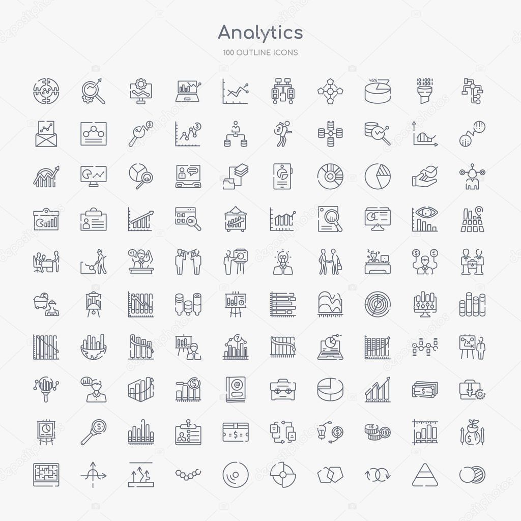 100 analytics outline icons set such as venn diagram, loop, interlocking, infographic, sweep, hexagon, arrows, tangent