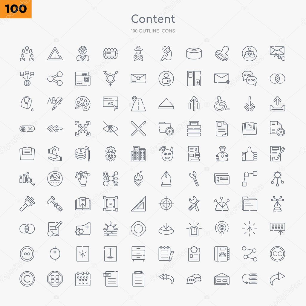 100 content outline icons set such as reply, weekend, hat, reply all, paste, text format, next week