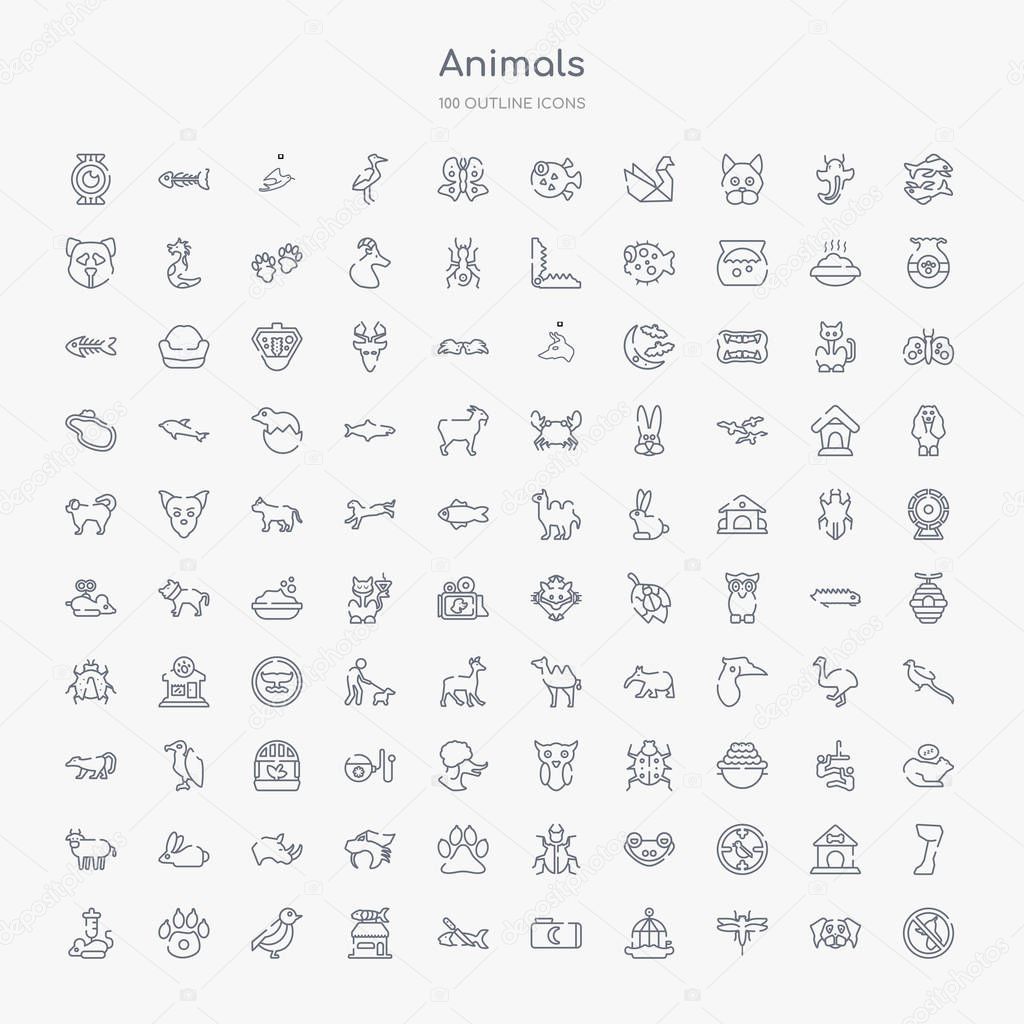 100 animals outline icons set such as no dogs, dragon fly, cage, medic folder, fish and knife, fish shop, robin, pawprint
