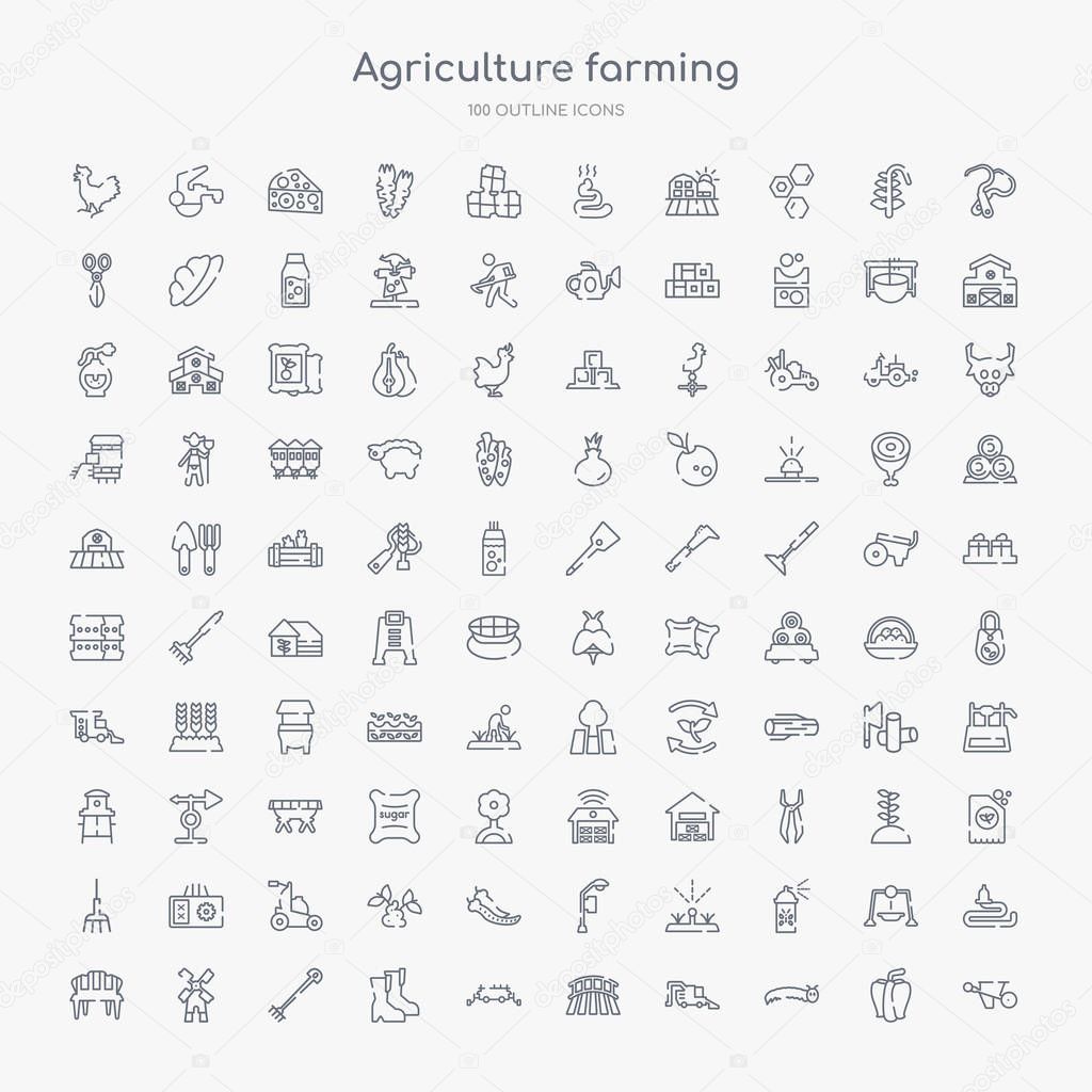 100 agriculture farming outline icons set such as barrow, caterpillar, combine harvester, farm field, farm trailer, farmer boots, farming fork, flour mill