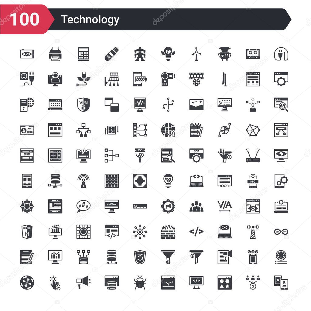 100 technology icons set such as a/b testing, attributes, back end, bounce rate, bugs, caching, call to action, click through rate, color value