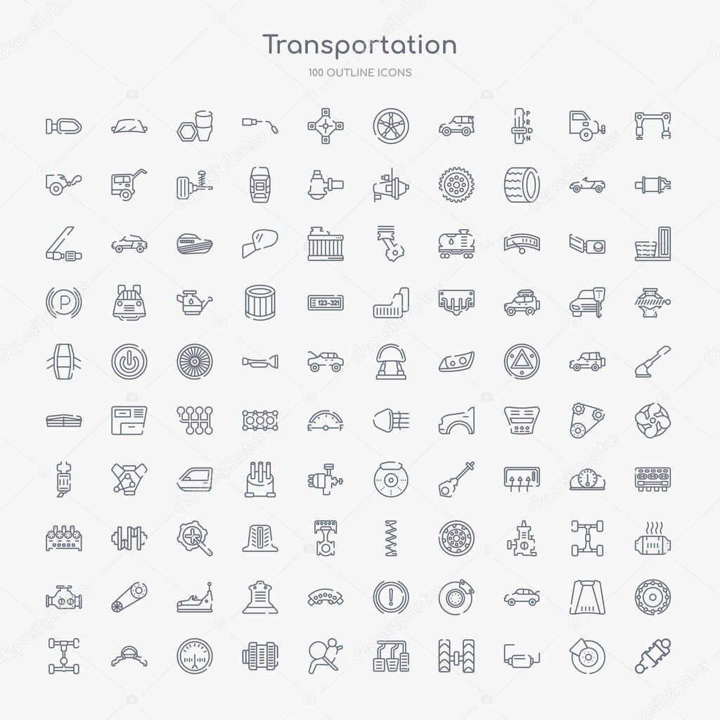 100 transportation outline icons set such as damper, exhaust pipe, wheel alignment, car accelerator, car air bag, car alternator, ammeter, anti-roll bar