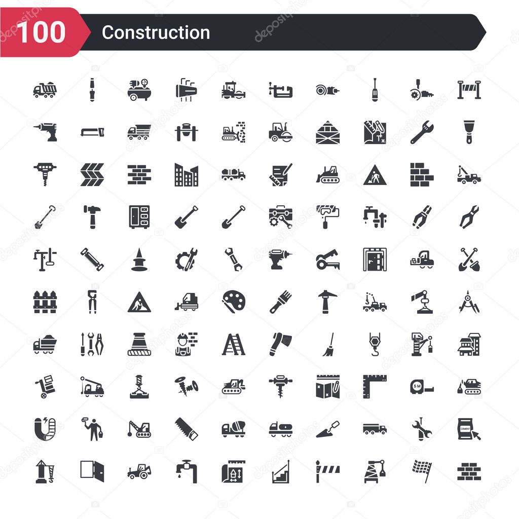 100 construction icons set such as constructing a brick wall, derrick with boxes, road barrier, stairs with handle, house plan, stopcock, backhoes, doors open, derrick facing right