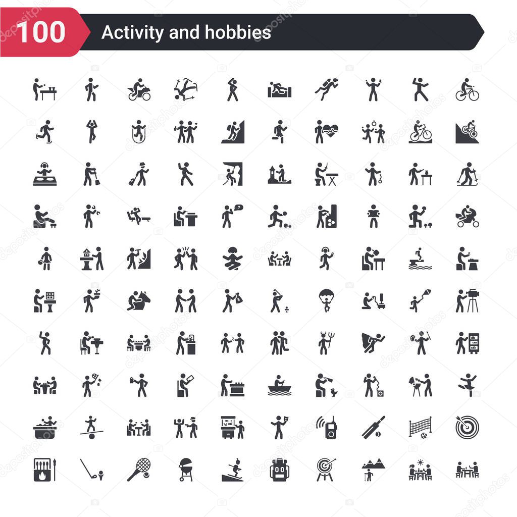 100 activity and hobbies icons set such as table game, dartboard, backpacks, skii, barbacue, racket, golf ball, matchbox
