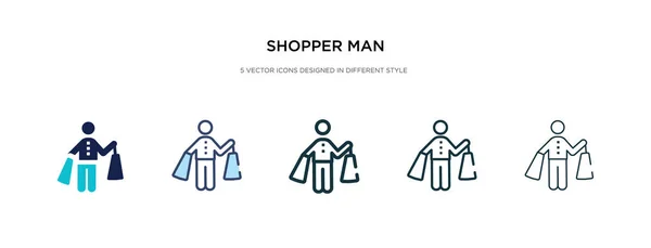 Shopper man icono en la ilustración de vectores de estilo diferente. dos col — Vector de stock