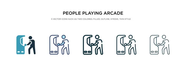 La gente jugando arcade icono del juego en el estilo diferente vector illust — Vector de stock