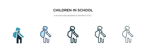 Niños en el icono de la escuela en la ilustración de vectores de estilo diferente . — Vector de stock