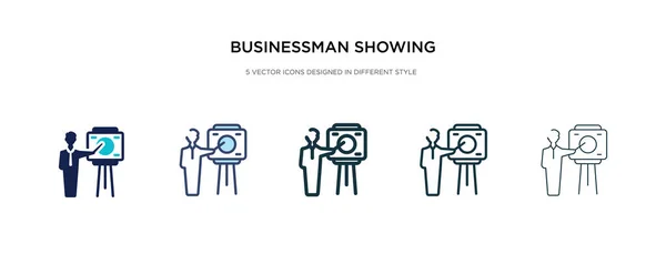 Hombre de negocios mostrando un icono de boceto de proyecto en diferentes estilos vec — Vector de stock