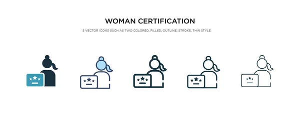 Icono de certificación mujer en la ilustración de vectores de estilo diferente . — Vector de stock