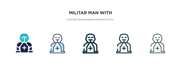 Militar hombre con icono de equipo de protección en diverso estilo ve — Vector de stock